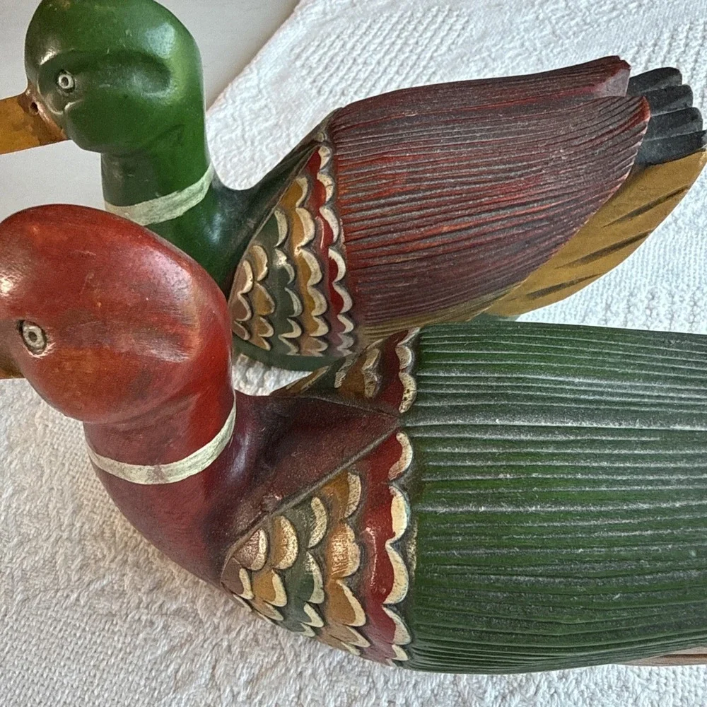 Vintage Decorative Wooden Duck Decoys. Mallard, Wood Duck Set of 2